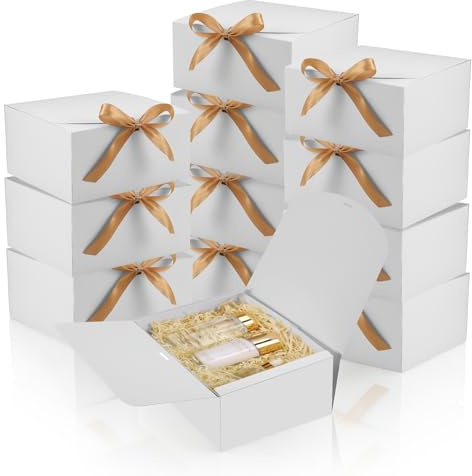 JIANTA 12 Pack White Gift Boxes with Lids, 20x20x10cm, Kraft Paper Gift Box with Ribbon for Wedding Birthday Christmas Party Present Packaging