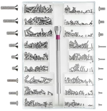 Juego de 500 tornillos pequeños de precisión, 18 tamaños (M1.2 – M2), tornillos de acero inoxidable para gafas, juego de tornillos para PC, mini tornillos de reparación para gafas, portátil