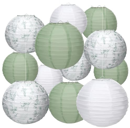 Riakrum 18 Pcs Floral Paper Lantern Set 10 8 Sage Green and White Flower Chinese Lantern Chinoiserie Hanging Decoration for Ceiling Wedding Bridal Shower Birthday Party Supplies