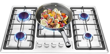 Cuisinière à gaz à 5 brûleurs, encastrable, en acier inoxydable, avec 5 brûleurs, avec protection automatique contre les flammes, gaz naturel, pour la maison, les hôtels et les restaurants, 86 x 51 x