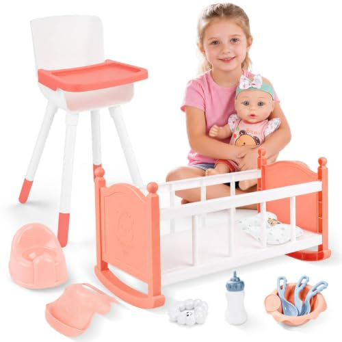 deAO 14Pcs Kit Accessoire Bébé Poupée avec 30cm Poupée Interactive Rose | avec Lit Bébé, Chaise Haute, Biberon Pot et Accessoires Alimentation, Super Set pour S’Occuper De Bébé, 3 4 5 6Ans Cadeau