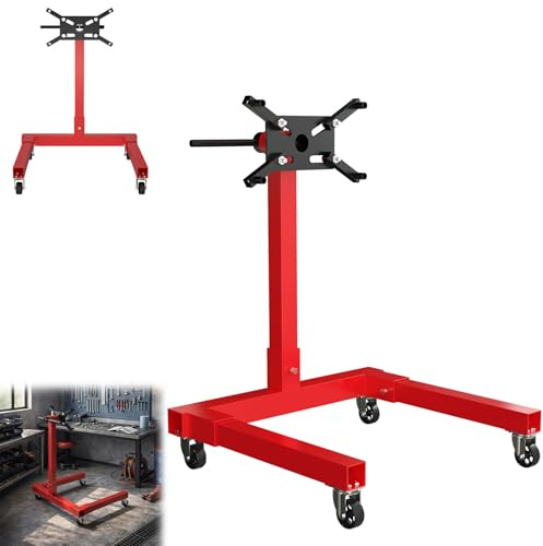 Froadp Motorständer Motorheber, Belastbar bis 570 kg, 360° Drehbar mit Haltearm, Getriebeheber Hydraulisch Stabil, Getriebehalter mit Rollen, Werkstatt Motor Reparaturständer für Auto und LKW, Rot