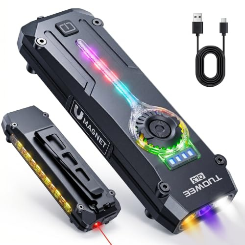 TUOWEE UV LED Torch Rechargeable 1200LM Flat Pocket Torch with RGB, Magnetic Base Powerful Small Torch with Dual Switch,Stepless Dimming,USB-C Waterproof Work Flash Light for Work,Home,Emergencies