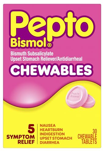 Pepto Bismol Chewable Tablets, Upset Stomach Relief, Nausea Relief, Heartburn Relief, Indigestion Relief, Anti Diarrhea Medication for Adults - 5 Symptom Relief, 30 ct