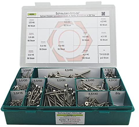 Set Spanplattenschrauben Ø 3,0-6,0 mm Edelstahl A2 V2A Holzschrauben Torx | Sortiment Schrauben A2 Durchmesser 3,0 bis 6,0 mm 556 Teile Holzschrauben Spanplattenschrauben mit verstärktem Kopf VA V2A