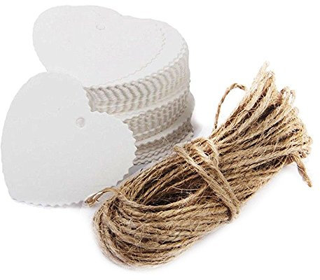 DUBENS 100Stk Herz Anhänger Geschenk Tags Kraftpapieretiketten Geschenkanhänger, Papieranhänger/Pappanhänger/Gastgeschenk Hochzeit kraftpapier Hängen Etiketten mit 10 Meter Jute-Schnur (Weiß)