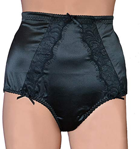Swanky Pins High Waist Satin and Lace Knickers Panties Vintage Style in Black, Pink or White (M: (Waist 30-32″/76-81.5cm), Black)