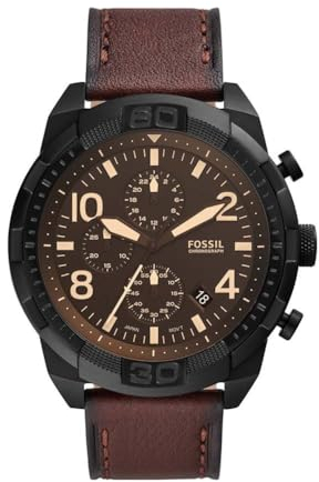 Fossil Bronson Uhr für Herren, Chronographenwerk mit Leder- oder Edelstahlarmband, Braun, 50MM