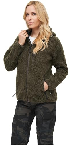 Brandit TEDDYFLEECE JACKA MED huva dam vinterjacka jakt utomhus FLEECEJACKA, oliv, L