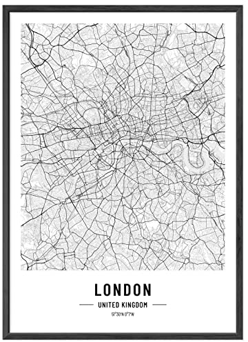 JUNOMI®London Poster DIN A2 Schwarz Weiss, Modernes Wohnzimmer Deko, Wandbild ohne Rahmen, Stadtplan Poster, perfekte Geschenkidee