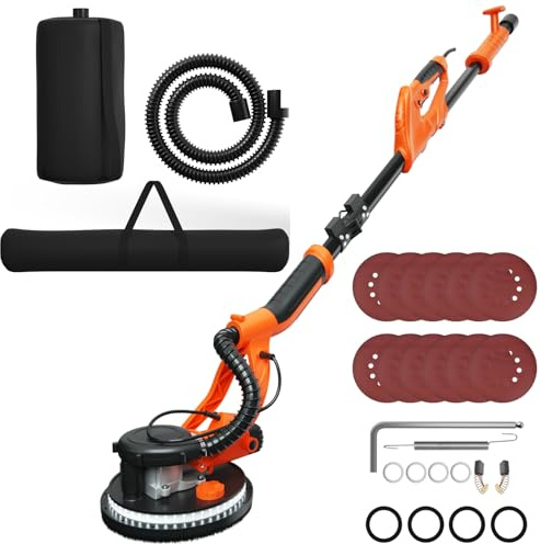 TANGZON 750W Drywall Sander, Folding Electric Wall Sander with 6 Variable Speed 800-1750 RPM, Swivel Head, Vacuum System, LED Lights, 12 Sanding Discs & Carry Bag, Extendable Wall Grinding Machine