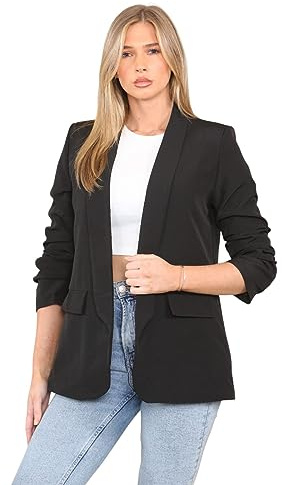 janisramone Dam rynkad ärm helt fodrad blazer damer enkel öppen krage vardaglig kontor formell jacka topp, Svart, S