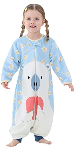 Saco de Dormir para Bebés con Piernas Pijama para Dormir para Niños Niñas Unisex con Pies con Manga Larga Saco de Dormir para Caminar Lindo Animal de Dibujos Animados (A- Oso polar, 1-3 Años)
