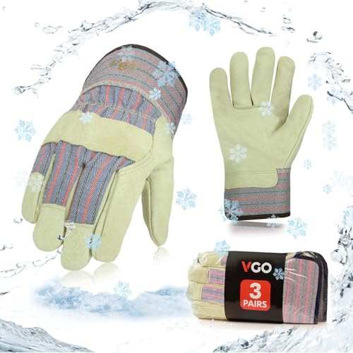 Vgo... 3 Paare Winter-Arbeitshandschuhe, Rigger Handschuhe, Sicherheitshandschuhe,Schweinsleder,Männer(PA3501F)