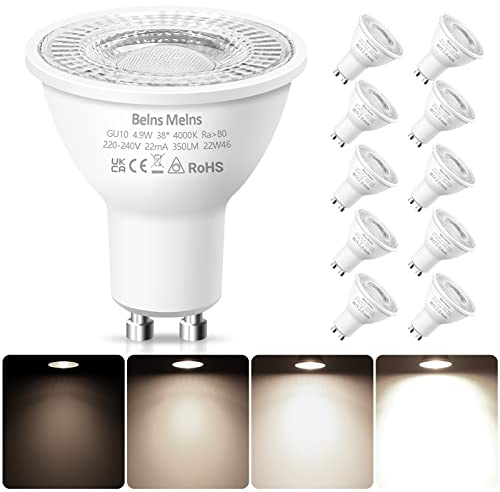 Belns Melns GU10 LED Bulbs Dimmable, Natural White 4000K, 50W Halogen Spotlight Replacement, 4.9W Dimmable GU10 LED Bulbs, 220-240V 350lm 38° Narrow Beam Angle - Pack of 10