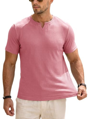 Muscle Cmdr herr slim fit långärmad tröja V-ringning, långärmad och kortärmad sport casual t-shirt muskel träning topp undertröjor, 0/rosa kortärmad, S