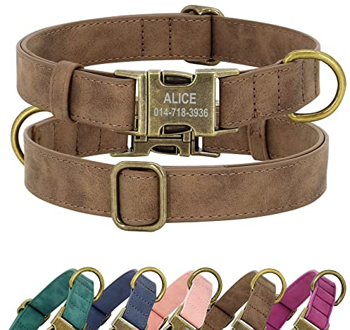 Didog Personalisiertes Leder-Hundehalsband, weiches langlebiges individuelles verstellbares Hundehalsband mit Namensschild Schnellverschluss-Metallschnalle für kleine, mittelgroße große Hunde, braun,S