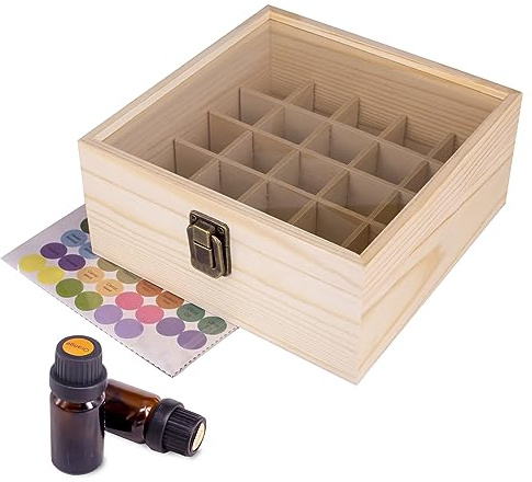 Guolich Aufbewahrungsbox aus Holz für ätherische Öle (5-15ml) | zur Aufbewahrung von ätherischen Ölen, Parfüms, Nagellack und Anderen Kleinen Gegenständen (25 Slots)