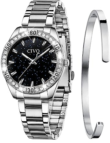 CIVO Damklockor set damer stjärnhimmel designer analoga klockor för kvinnor damer rostfritt stål vattentät självlysande mode sten set klänning armbandsur silver, A-4 Silver, Standard, armband