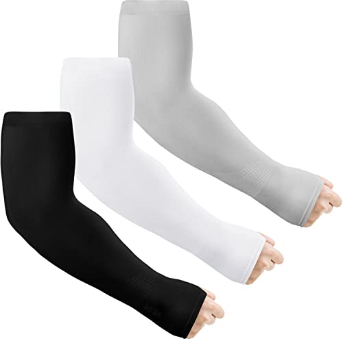 Amzpas 3 Paia Manicotto Braccio UV Protezione, Sport Raffreddamento dei Manicotti Anti UV Protezione, Sport Ciclismo all'aperto Guidare Protettivi Coprire per Donna e Uomo (Nero+Bianco+Grigio)