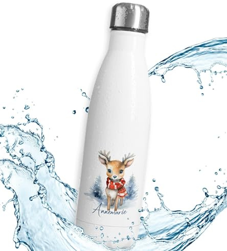 timalo® Thermosflasche Weihnachten personalisiert mit Namen auslaufsichere Edelstahl Trinkflasche Geschenk Wasserflasche für Männer Frauen Kinder Mädchen Jungen 750mL | Rentier