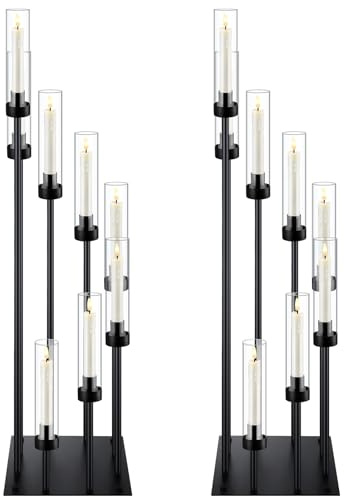 Layhit 2 Pack Black Floor Candelabra Centerpieces 42.13 Tall 8 Arms Floor Candle Holder with Acrylic Shade Pillar Metal Black Candelabra Centerpieces for Wedding Dinner Ceremony Party Decoration