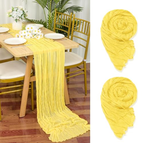 YMHPRIDE Lot de 2 Chemins de Table en étamine en Jaune Clair, 90 x 300cm en Tissu de Gaze Rustique,Jaune décoration de Table de Mariage Nappe pour fête de Douche Nuptiale décorations de Table