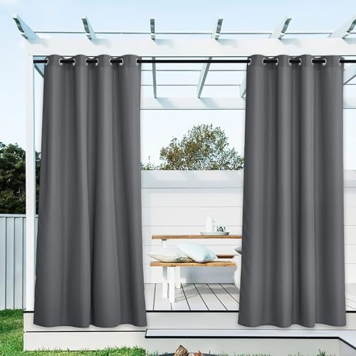 NICETOWN 2 Paneele Grau Outdoor Vorhänge für Terrasse Wasserdicht B 55 x L 108, Rostfreie Ösen Outdoor/Indoor Vorhänge Sichtschutz für Landschaft, Pavillon, Pergola