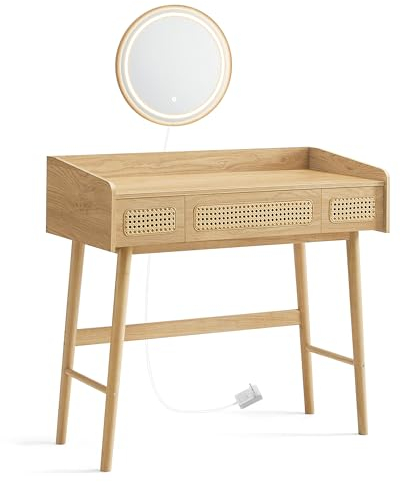 SONGMICS HOME BOHOVEN Kollektion – Schminktisch mit Spiegel, Beleuchtung, Kosmetiktisch 3 Schubladen in Rattan-Optik, Touch-Steuerung, 3 Lichtfarben, dimmbar, Boho-Stil, Schlafzimmer, eichenbeige