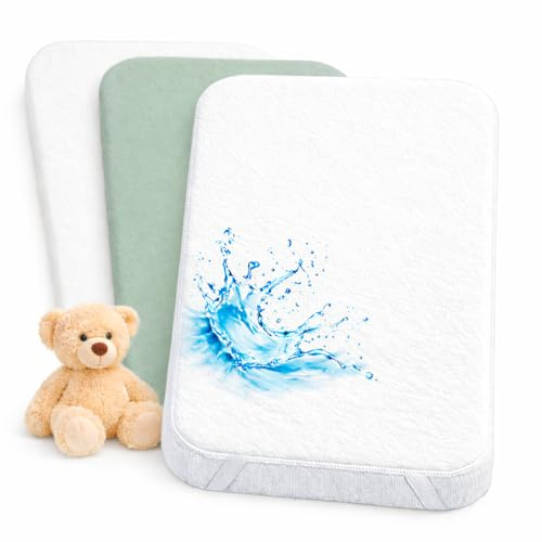Lovely Hippo Spannbettlaken 80x160 cm + 1 wasserdichte Matratzenschoner-Auflage – Spannbettlaken 100% Baumwolle - Kompatibel mit Kinderbett Hausbett Montessori (Weiß/Eukalyptus, 80 x 160 cm)