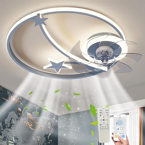 Leise Deckenventilator mit Beleuchtung Kinder LED Dimmbar Deckenleuchte mit Ventilator und Fernbedienung APP Stern-Mond Kinderzimmer Lampe 46W Modern Fan Deckenlampe für Jungen Schlafzimmer Wohnzimmer