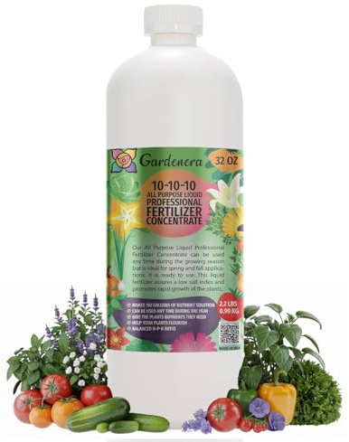 Gardenera Premium 10-10-10 All Purpose Liquid Plant Food - Professional Grade Garden Fertilizer Concentrate for Lawns, Trees, Plants, Vegetables, Fruits & Flowers - Makes 192 Gallons - (32 OZ)