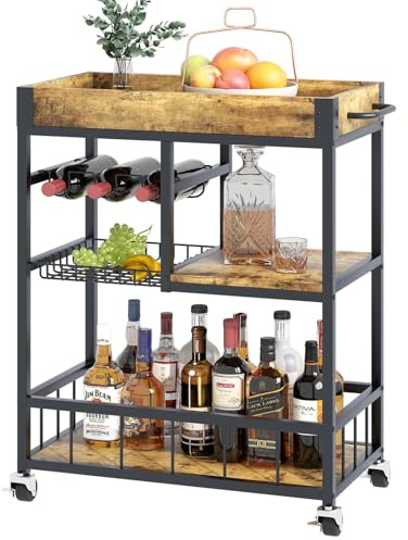 Huhote Serveringsvagn, Köksvagn med Vinregal, Barvagn, Drycksvagn, Rullvagn med Hjul, Vinvagn för Matsal, Kök, Vardagsrum, Bar, Fest, Brun Trämönstring