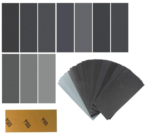 100Pcs Schleifpapier Set Nass und Trocken Sandpapier (320/400/500/600/800/1000/1200/1500/2000/3000) Körnung 23 x 9,3 cm für Nass- und Trockenschleifen, Polieren Auto Metall Holz Möbeln Kunststoff