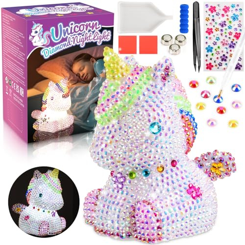 HappyGoLucky DIY Einhorn Nachtlicht Bastelset für Kinder – Einhorn Geschenke für Mädchen, Kinder Spielzeug ab 3-10 Jahre – Selbstgestaltbare 4D Diamond Painting LED Lampe