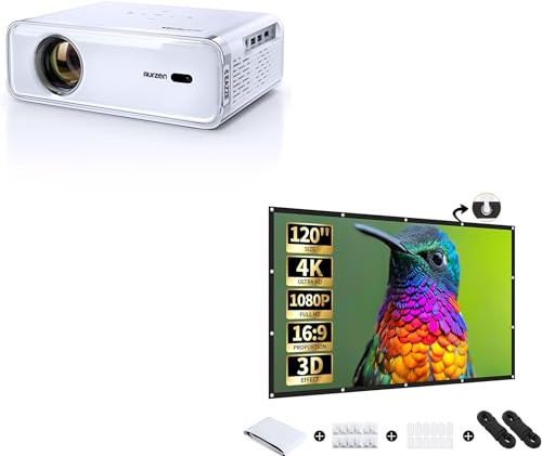 Aurzen EAZZE D1 Beamer mit 120-Zoll-Leinwand im Bundle, offiziell Netflix-lizenziert, Autofokus & Trapezkorrektur, Dolby Audio, Zoom, Native 1080P-Filmqualität, Beamer Outdoor tragbarer, Weiß