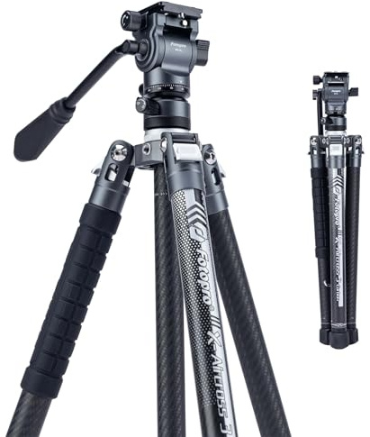 Fotopro X-Aircross 3 Video - Trípode Ligero para cámara de Viaje de 62 Pulgadas con Cabezal de Fluido de 2,35 Libras, trípode de Fibra de Carbono para cámara DSLR