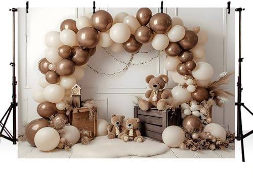 MEHOFOND Toile de fond d'anniversaire pour garçons - 2,1 x 1,5 m - Ours marron bohème - Jouet en forme d'ours de la pampa - Portrait - Pour fête prénatale - Décoration de fête d'anniversaire -