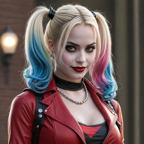 Creamily Peluca de Harley Quinn - Peluca de Harley Quinn del Escuadrón Suicida para mujer, larga, ondulada, rosa y azul, rizada, de cabello sintético, para uso diario en fiestas de Halloween