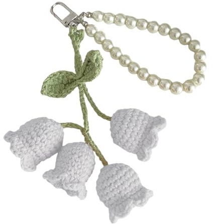 Xchon Gestrickter Schlüsselanhänger, gehäkelte Blume, einzigartige Perlenkette, Schlüsselanhänger, bunt, gestrickt, Taschenanhänger, Accessoire für Mode-Liebhaber, weiß