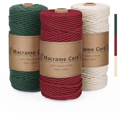 PUWOWYE 3 hilos de macramé de 3 mm, juego rojo, verde y beige, hilo de algodón natural para Navidad, manualidades