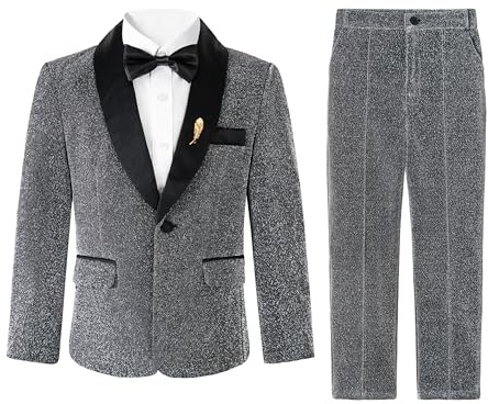 LOLANTA 4-Piece Boys Suit, Kids Tuxedo Suit Set, Boys Glitter Prom Party Suit, Page Boy Wedding Outfit Blazer Pants Shirt Bow Tie(Darkgrey, 9-10 Years, 140)