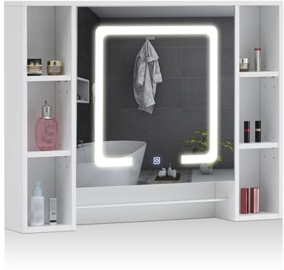 ZBAOLTO LED-Spiegelschrank, 1 Tür, verstellbare Böden, dimmbar | 6 Innenablagen, Handtuchhalter, Make-up-Spiegel, 3 Farben wählbar, für Badezimmer, Wandmontage, 90×70×15 cm