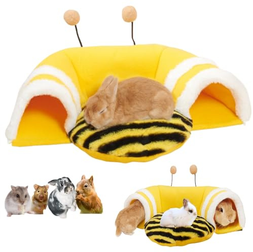 Rabbit Tunnel Bed 2-in-1 Removable Hideout Tunnel House for Cage Corner with Bed Mat for Kittens Rabbits Guinea Pigs (Yellow Bee)