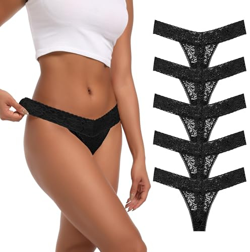 Auithery Stringtrosor för kvinnor sexig spets bomull trosor bekväm mjuk G-string string underkläder storlek XS–4XL paket 5–6, 5 st spetsstringar-svart, M