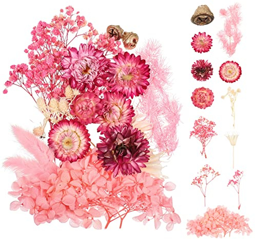 Halinuia Bouquet de Fleurs Séchées Naturelles Vraies Fleurs Pressées Décoration pour Bricolage Résine Epoxy Bijoux Floraux Nail Art DIY Bougie Fabrication Artisanale Scrapbooking(Rose)