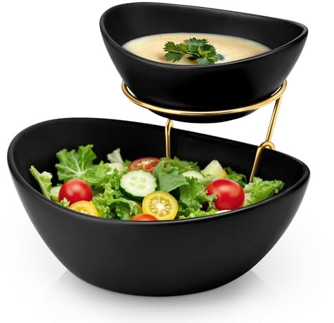 MALACASA 2 Tier Chip and Dip Serving Set with Metal Stand,Ceramic Appetizer Bowls for Party, Multi-Use Food Display for Fruits, Snacks, Black Elegant Tiered Serving Dishes for Party