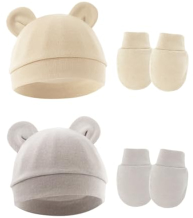 Conjunto de 2 gorros y guantes para bebés recién nacidos y bebés, cálidos y antiarañazos, de algodón.