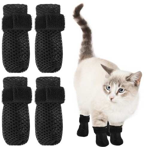 4 st kattskor, repfria kattkloskydd, 9,62 × 4,57 cm andningsbart nät nagelskydd för katter, klor, justerbara kattvantar för husdjursbad matning skärnaglar (svart)