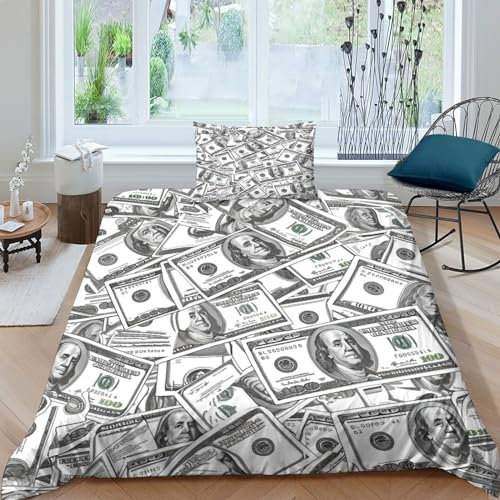 WXLWHR Housse De Couette Dollar Microfibre Douce Set De Lit Imprimée Sol Couvert Argent avec Fermeture Éclair & Taie d'oreiller pour Garçons, Adolescents Single（135x200cm）